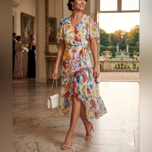 Calvin Klein Dresses & Skirts - Calvin Klein White Floral Wrap Dress with Red, Yellow & Blue Blooms